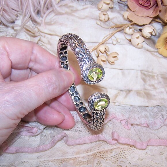 Sterling Silver 14K Gold Peridot CZ Hinged Cuff Bracelet - Size 6.75 - Picture 7 of 11